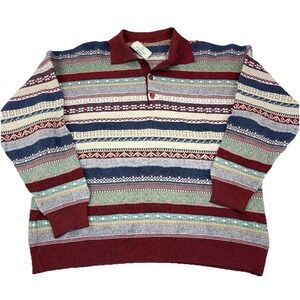 Vintage Andrews Sweater Men XL Red Multi Striped Collared‎ Made In Italy Grandpa